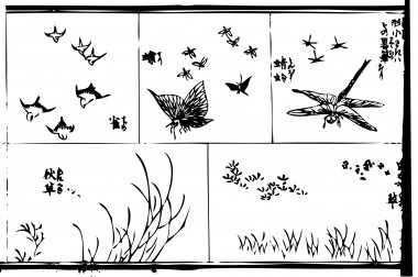 A "sparrow", a "butterfly", a "dragonfly", "autumn grass", and "grass" are drawn.